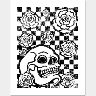 Skull and Roses Checkerboard (Distressed Version) Posters and Art